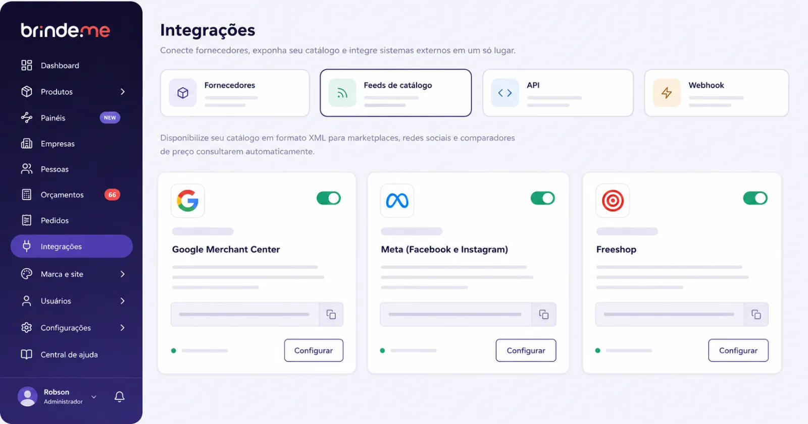 Feeds de catálogo da Brinde.me: Google Merchant Center, Meta (Facebook e Instagram) e Freeshop com sincronização ativada