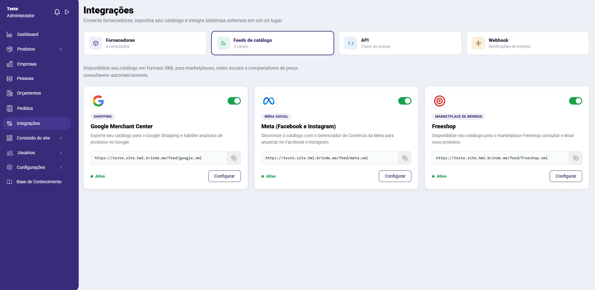 Tela de integrações da Brinde.me — fornecedores conectados