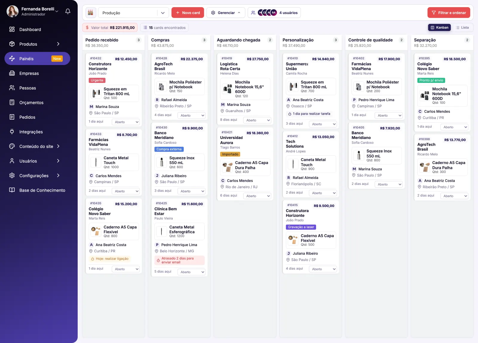 Painel Kanban de produção da Brinde.me — pedido avançando pelas etapas de compras, personalização, controle de qualidade e separação