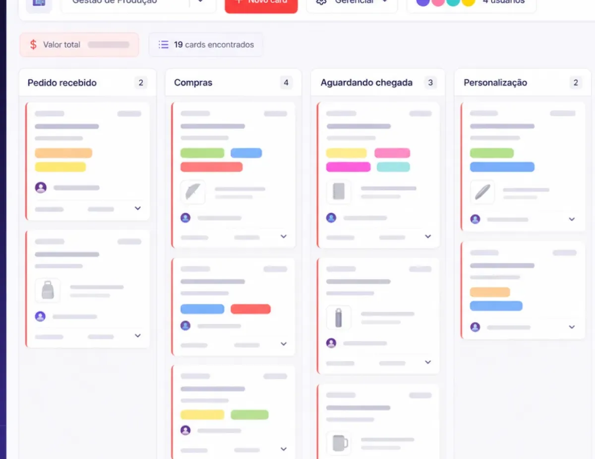 Colunas do painel Kanban de produção da Brinde.me em detalhe: compras, aguardando chegada e personalização