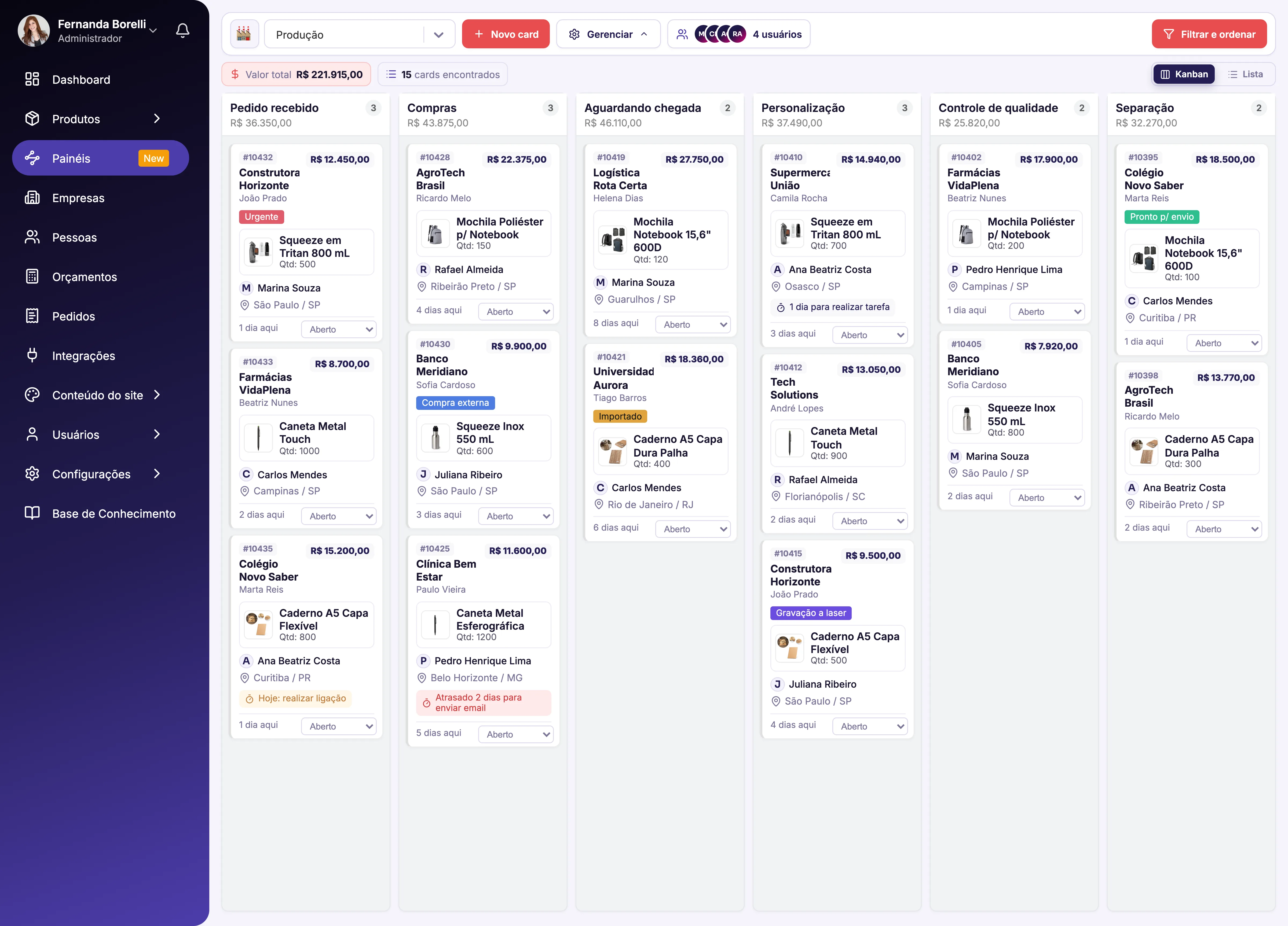 Painel Kanban de produção da Brinde.me — pedido avançando pelas etapas de compras, personalização, controle de qualidade e separação