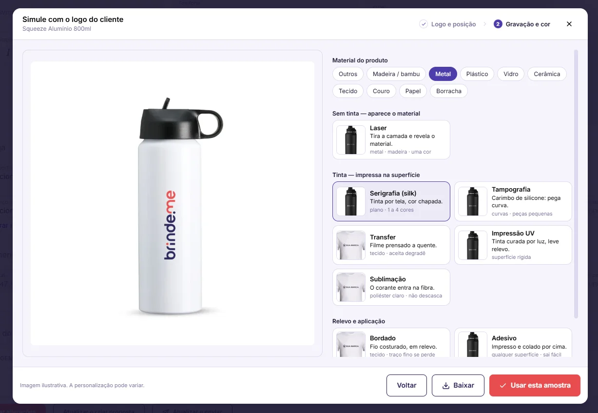 Gerador de mockup da Brinde.me: squeeze de alumínio com logo aplicado e seleção de material e técnica de gravação